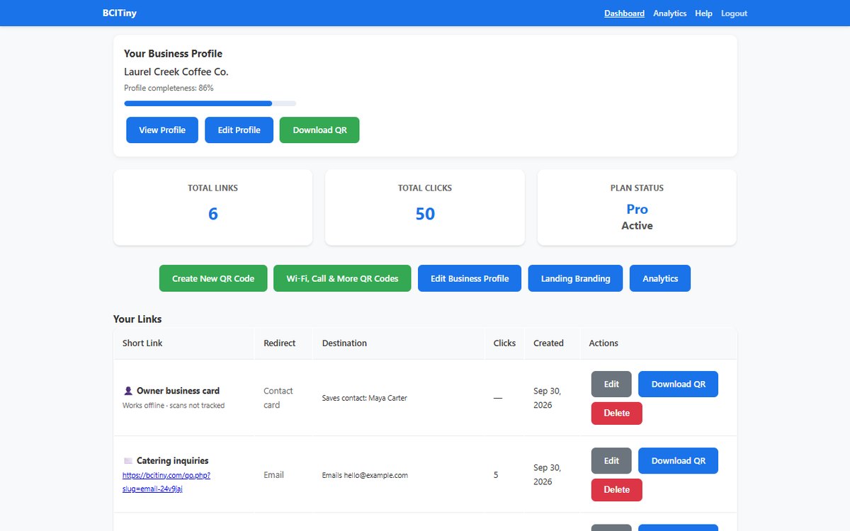 BCITiny dashboard showing business profile and QR management