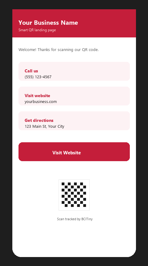 Mobile business profile page after scanning a QR code