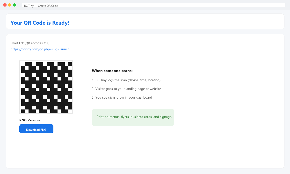 Downloadable QR code for your BCITiny business profile